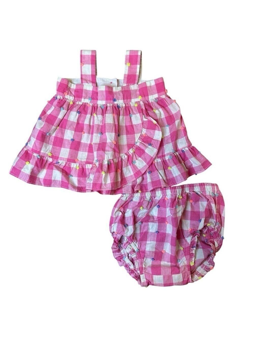 Baby Gap Gingham Plaid Pom Pom Print Ruffle Strappy Top & Matching Shorts